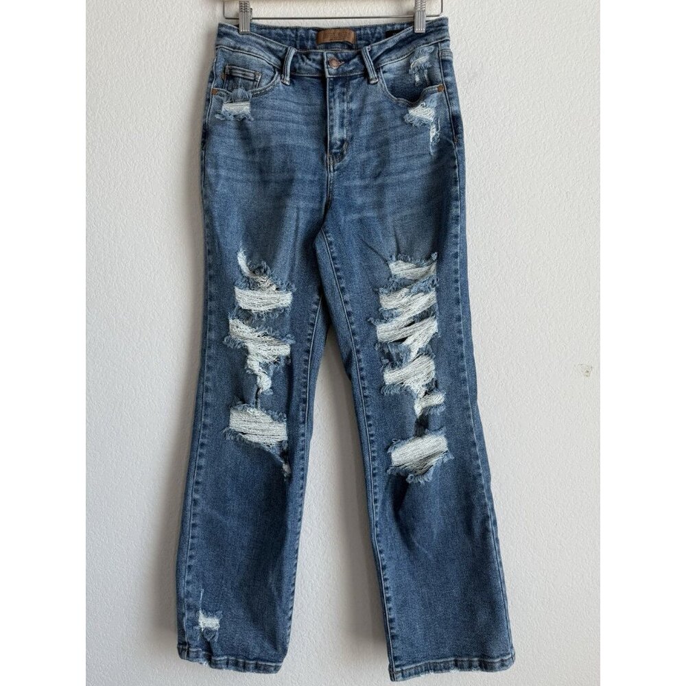 Judy Blue Jeans Women’s 7/28 Straight Fit Mid Rise Distressed Stretch Denim - Picture 10 of 15